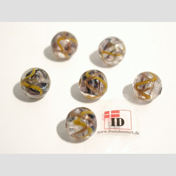 Glas Perler - Hndlavet Glasklare Med Gul/Guld Striber - Rund - 1cm Perle6