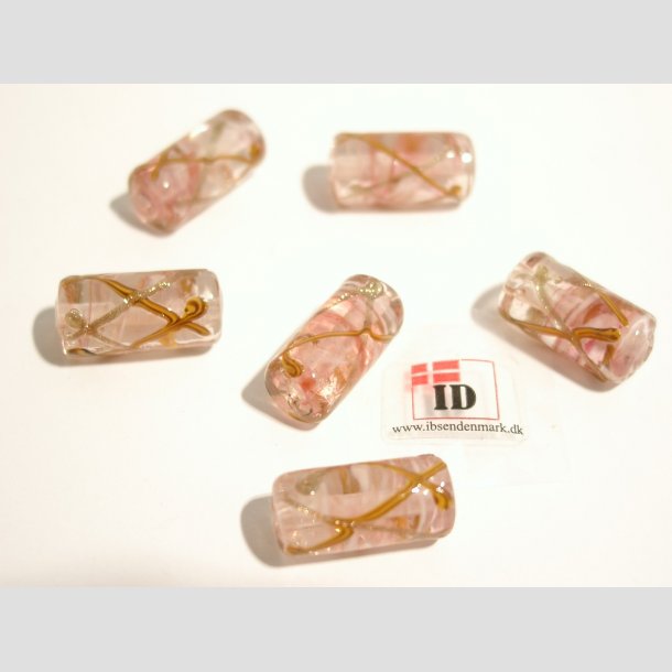 Hndlavet Glas Perle - Rund/Aflang Med Striber - Lyserd - 2cm Perle6