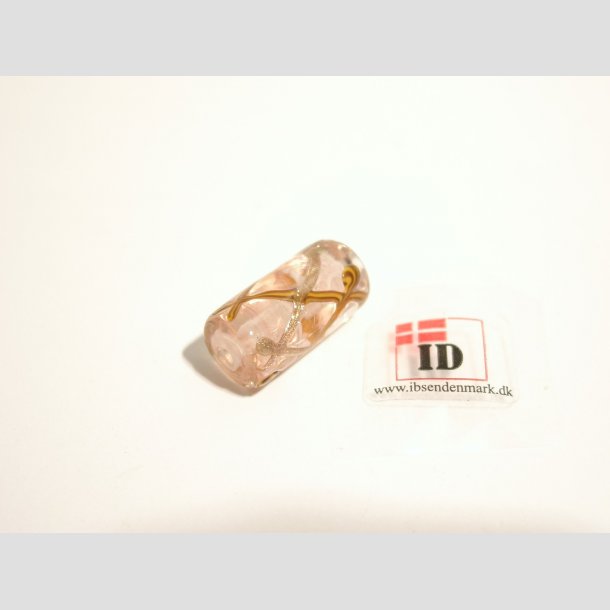 Hndlavet Glas Perle - Rund/Aflang Med Striber - Lyserd - 2cm Perle1