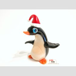 Glasfigur - Glas Pingvin - Sort/Brun Med Nissehue - 7cm