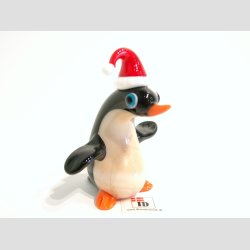 Glasfigur - Glas Pingvin - Sort/Brun Med Nissehue - 7cm