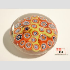 Glaskunst - Glas Brevpresser - Med Millefiori - Mix. Farver - Dia. 6cm