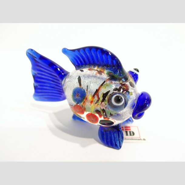 Glaskunst - Glas Slv Kuglefisk - Rund Med Millefiori - 7cm Bl&aring;