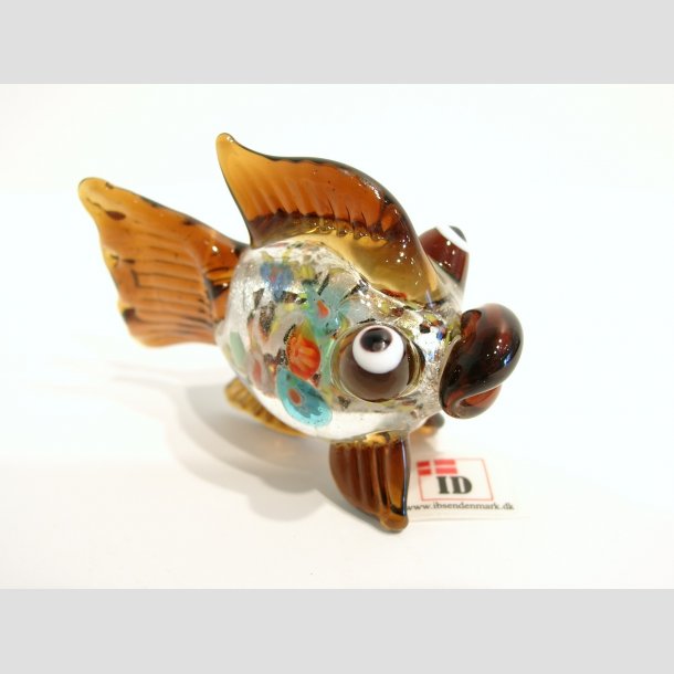 Glaskunst - Glas Slv Kuglefisk - Rund Med Millefiori - 7cm Brun