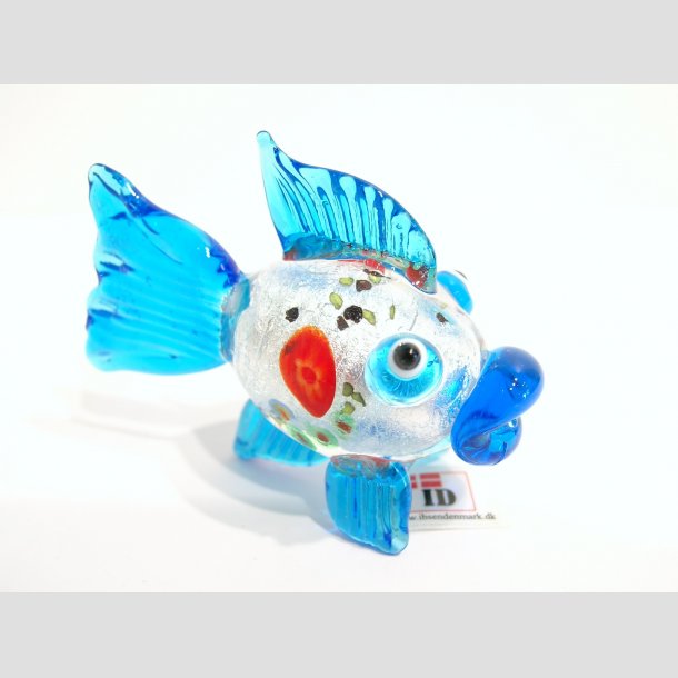 Glaskunst - Glas Slv Kuglefisk - Rund Med Millefiori - 7cm Lysebl&aring;