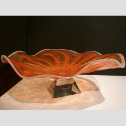 Glasfad - Hndlavet Stor Glasfad p Krystal Fod - Dia 45cm - Orange/Rd