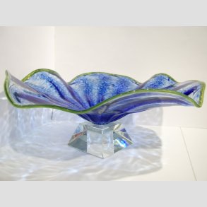 Glaskunst - Hndlavet Stor Glasfad p Krystal Fod - Dia 45cm - Bl