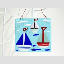 Kunst Glas - Unika Glas Billede Med Sejlskibe - 11x11cm