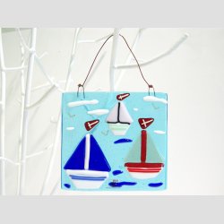 Kunst Glas - Unika Glas Billede Med Sejlskibe - 11x11cm