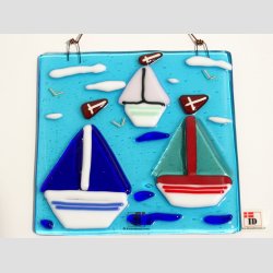 Kunst Glas - Unika Glas Billede Med Sejlskibe - 11x11cm