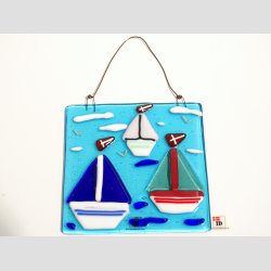 Kunst Glas - Unika Glas Billede Med Sejlskibe - 11x11cm