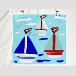 Kunst Glas - Unika Glas Billede Med Sejlskibe - 11x11cm