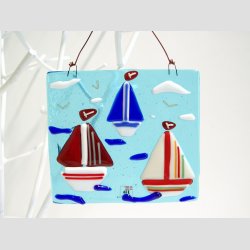 Kunst Glas - Unika Glas Billede Med Sejlskibe - 11x11cm