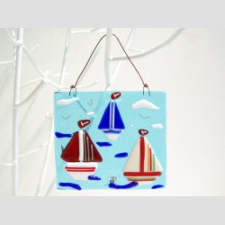 Kunst Glas - Unika Glas Billede Med Sejlskibe - 11x11cm