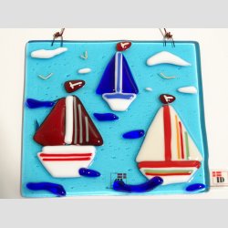 Kunst Glas - Unika Glas Billede Med Sejlskibe - 11x11cm