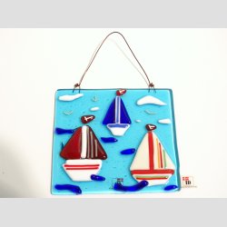 Kunst Glas - Unika Glas Billede Med Sejlskibe - 11x11cm