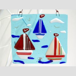 Kunst Glas - Unika Glas Billede Med Sejlskibe - 11x11cm