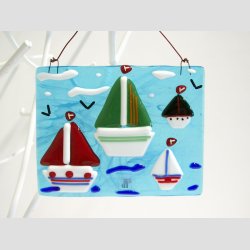 Kunst Glas - Unika Glas Billede Med Sejlskibe - 10x12cm