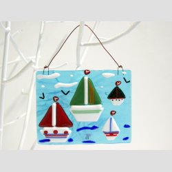 Kunst Glas - Unika Glas Billede Med Sejlskibe - 10x12cm