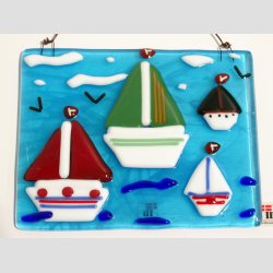 Kunst Glas - Unika Glas Billede Med Sejlskibe - 10x12cm