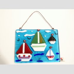 Kunst Glas - Unika Glas Billede Med Sejlskibe - 10x12cm