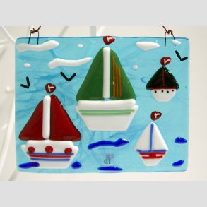 Kunst Glas - Unika Glas Billede Med Sejlskibe - 10x12cm