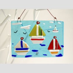 Kunst Glas - Unika Glas Billede Med Sejlskibe - 10x12cm