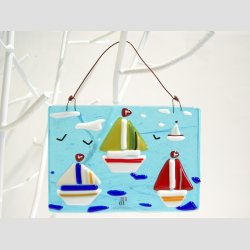 Kunst Glas - Unika Glas Billede Med Sejlskibe - 10x12cm