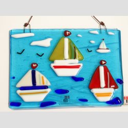 Kunst Glas - Unika Glas Billede Med Sejlskibe - 10x12cm