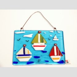 Kunst Glas - Unika Glas Billede Med Sejlskibe - 10x12cm