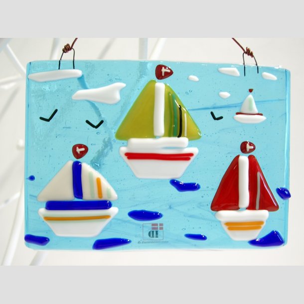 Kunst Glas - Unika Glas Billede Med Sejlskibe - 10x12cm