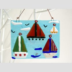 Unika Glas Billede Med Sejlskibe - 10x12cm