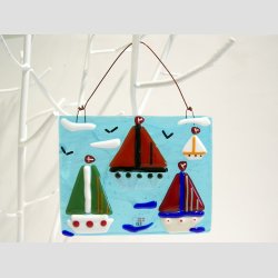 Unika Glas Billede Med Sejlskibe - 10x12cm