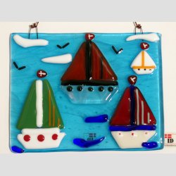 Unika Glas Billede Med Sejlskibe - 10x12cm