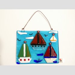 Unika Glas Billede Med Sejlskibe - 10x12cm