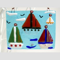 Unika Glas Billede Med Sejlskibe - 10x12cm