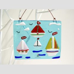 Unika Glas Billede Med Sejlskibe - 10x12cm