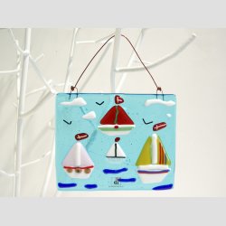 Unika Glas Billede Med Sejlskibe - 10x12cm