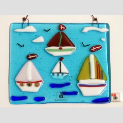 Unika Glas Billede Med Sejlskibe - 10x12cm