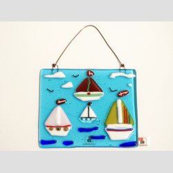 Unika Glas Billede Med Sejlskibe - 10x12cm