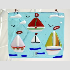 Unika Glas Billede Med Sejlskibe - 10x12cm