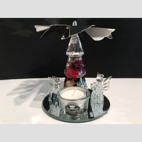 Stearinlys Karrusel - Pyramide Dekoration Spejl med Telys & Glasfigurer - H 14cm D 12cm