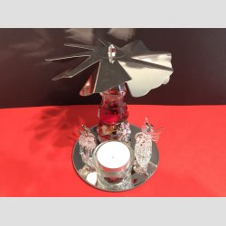 Stearinlys Karrusel - Pyramide Dekoration Spejl med Telys &amp; Glasfigurer - H 14cm D 12cm