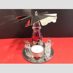 Stearinlys Karrusel - Pyramide Dekoration Spejl med Telys &amp; Glasfigurer - H 14cm D 12cm