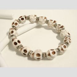 Skull Armbnd - Hvide Skulls Perler - Slv/Diamant Mellem Perler