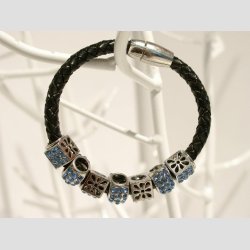 Sort Lder Armbnd - Bl Glas Krystal Diamanter - Magnet Ls