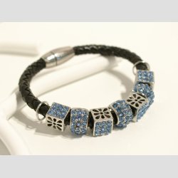 Sort Lder Armbnd - Bl Glas Krystal Diamanter - Magnet Ls