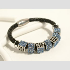 Sort Lder Armbnd - Bl Glas Krystal Diamanter - Magnet Ls