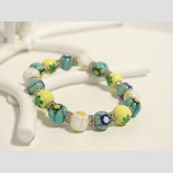 Armbnd af Glas - Millefiori Glasperler - Mix Bl/Diamant