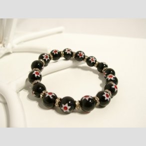 Armbnd - Glas Armbnd - Sort Millefiori Glasperler - Stjerner/Diamant